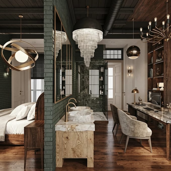 3d interior design for bedroom, bathroom,and office space