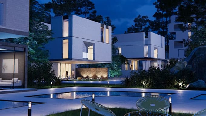 create realistic 3d villa, modern house, and residential building