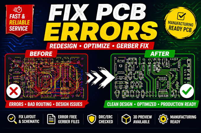 fix and redesign pcb layout schematic and gerber files for manufacturing