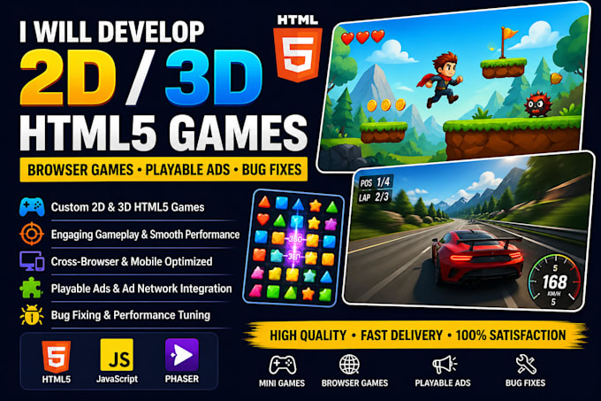 develop 2d HTML5 mini games,browser games,playable ads and fix bugs