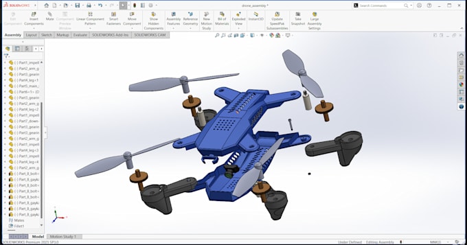 build custom fpv drone cad model with full drone component in solidwork 3d print