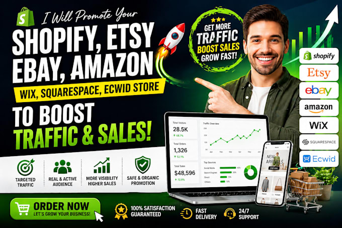 promote shopify etsy ebay ecwid amazon wix squarespace store to boost traffic