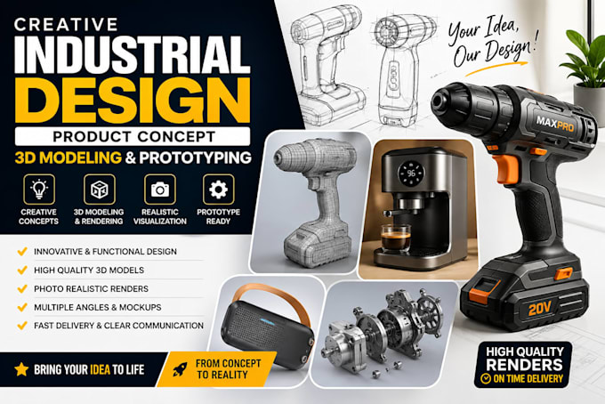 creative industrial design, product concept, 3d modeling and prototyping