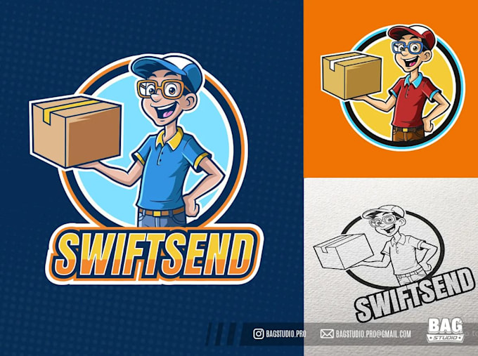 make cartoon delivery courier service guy mascot logo