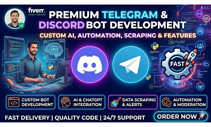 develop custom ai telegram bot and discord bot with automation