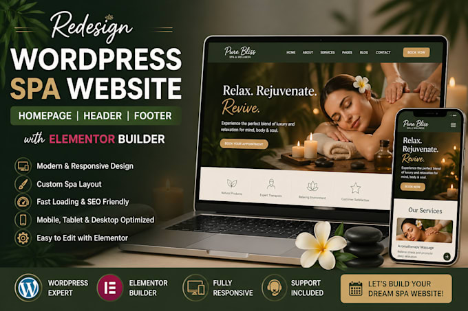 redesign wordpress spa website, homepage, header, footers, elementor builder