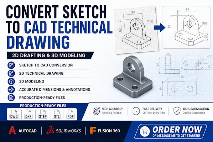 convert sketch to cad technical drawing, 2d drafting and 3d modeling