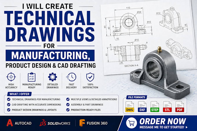 create technical drawings for manufacturing, product design and cad drafting