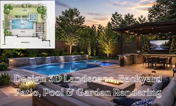 design 2d landscape, backyard patio, pool and garden 3d rendering architect