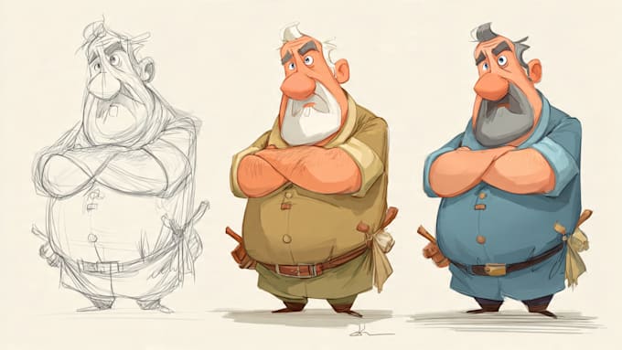 sketch, outline and color cartoon illustrations