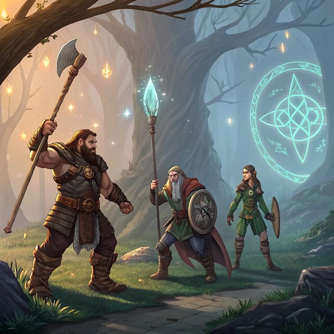 Dibujar arte de personajes de dnd, grupo de fantasía o arte conceptual