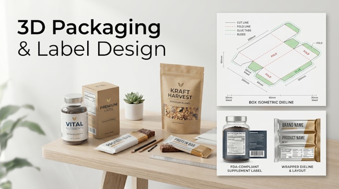 create modern packaging mockup, 3d product, wrapper, fda compliant label design