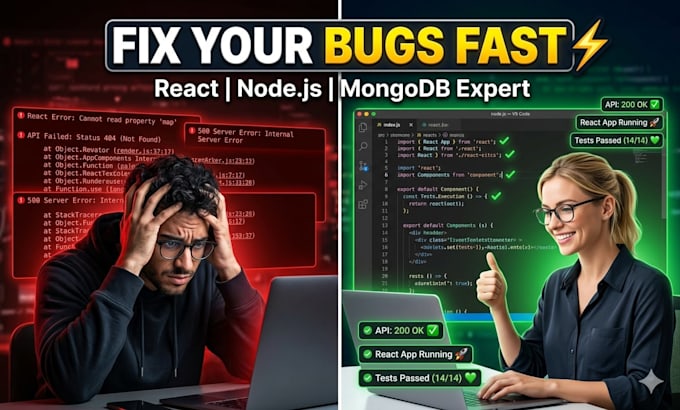fix react node js mongodb bugs and errors fast