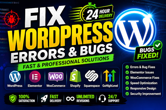 fix wordpress bugs, errors, elementor issues, speed and security in 24 hour