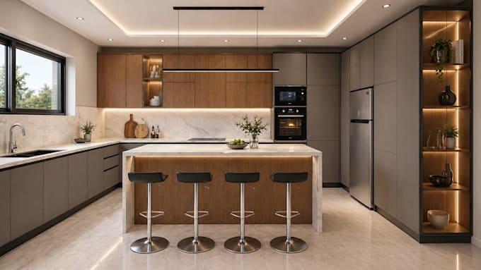design a modern luxury kitchen with realistic 3d render