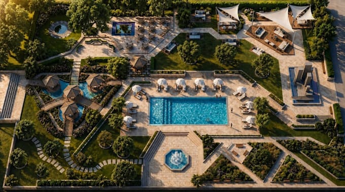 recreate conceptual resort master plan,outdoor space design, landscape rendering
