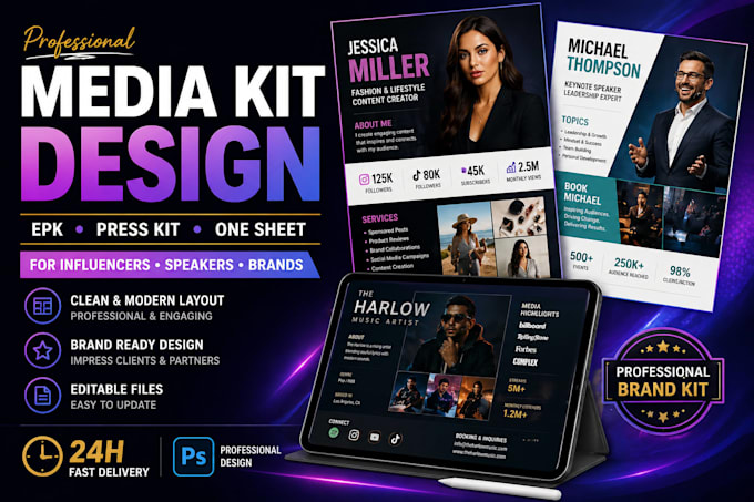 design professional media kit, epk, press kit, speaker one sheet