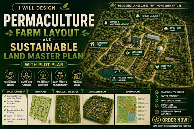 design permaculture farm layout and sustainable land master plan with plot plan
