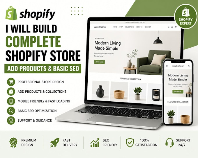 build complete shopify store, add products and optimize shopify store SEO