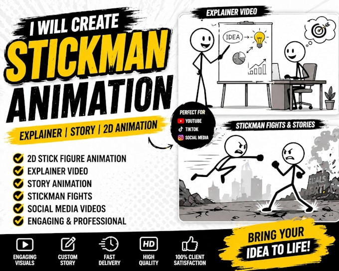 create 2d stickman animation, stick figure explainer videos for social media