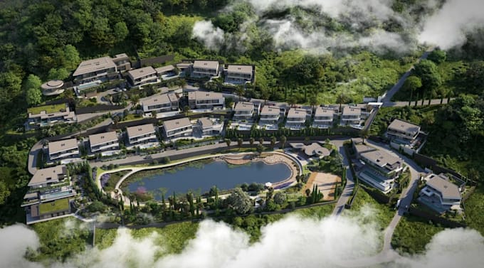 skp 3d real estate development, hillside mansion render, masterplan aerial view