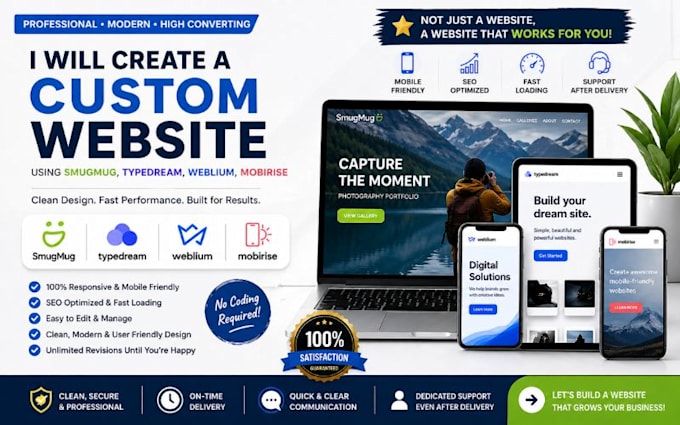 create a custom website using smugmug site typedream site wedlium, mobirise site