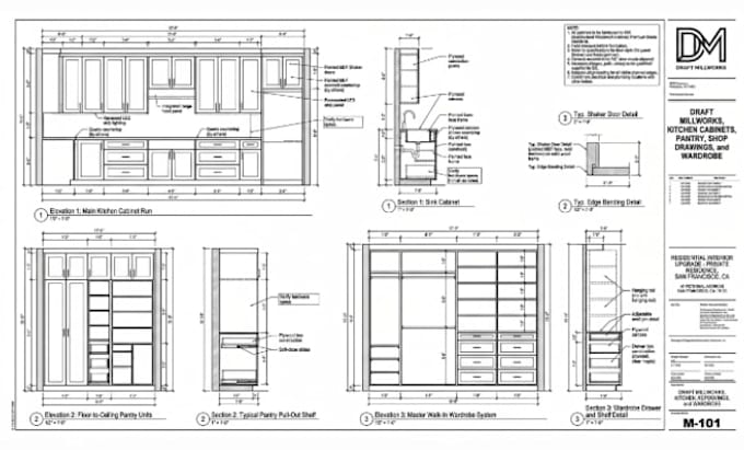 draft millworks, kitchen cabinets, pantry, shop drawings and wardrobe