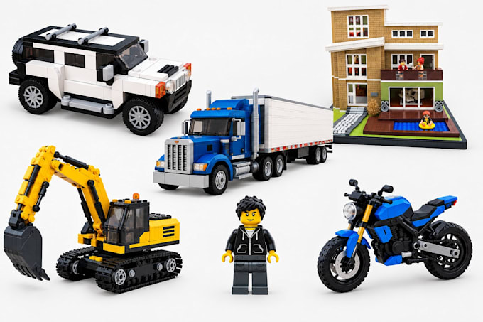 do custom 3d lego  minifigure, truck, excavator, bike, jeep, house, partlists