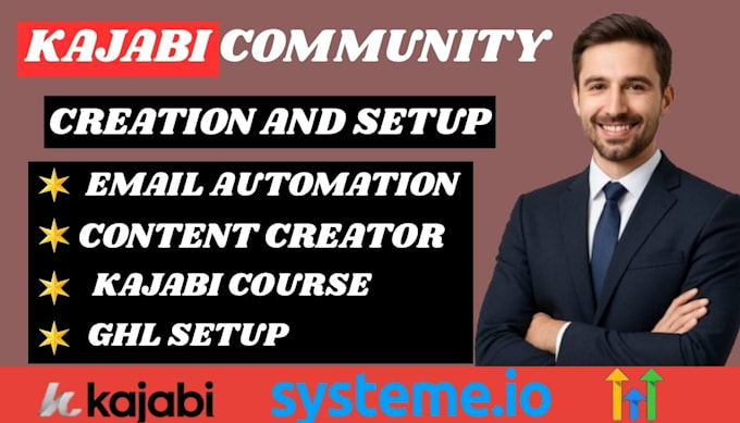 kajabi community setup, email automation, kajabi course and ghl setup