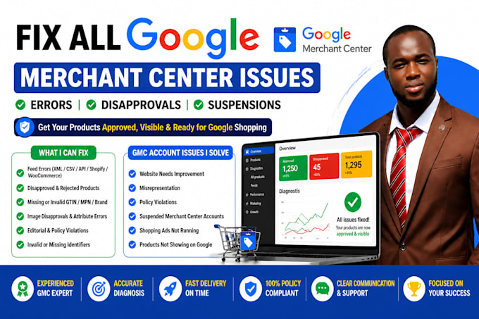 fix google merchant feed errors, product disapprovals, gmc suspension and setup