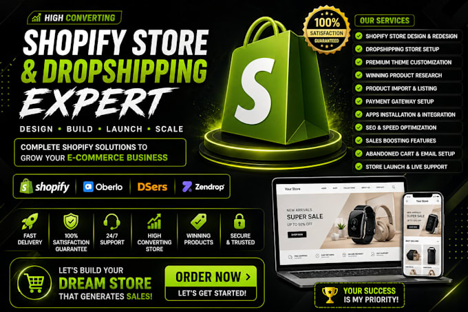 shopify store setup, shopify website design, shopify droppshipping store