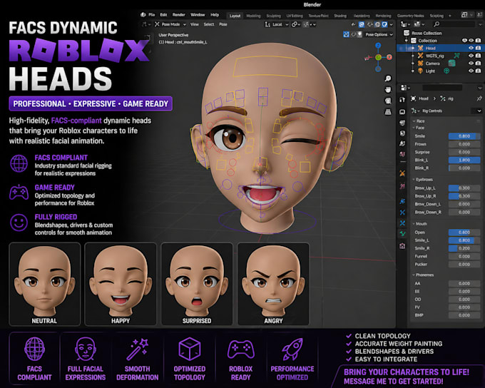 create facs dynamic heads with realistic facial animation