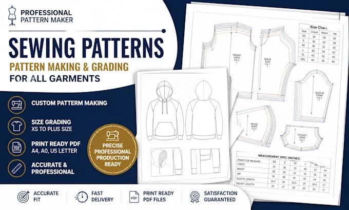 create sewing patterns, pattern making and grading for clothing