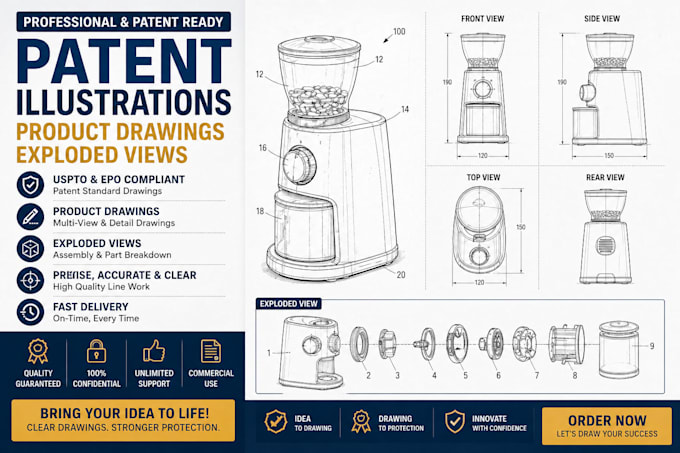 design professional patent illustrations, product drawings, exploded views