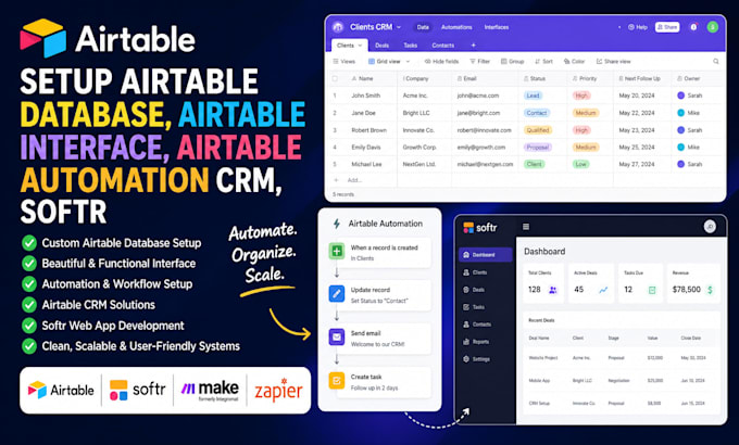setup airtable database, airtable interface, airtable automation crm, softr
