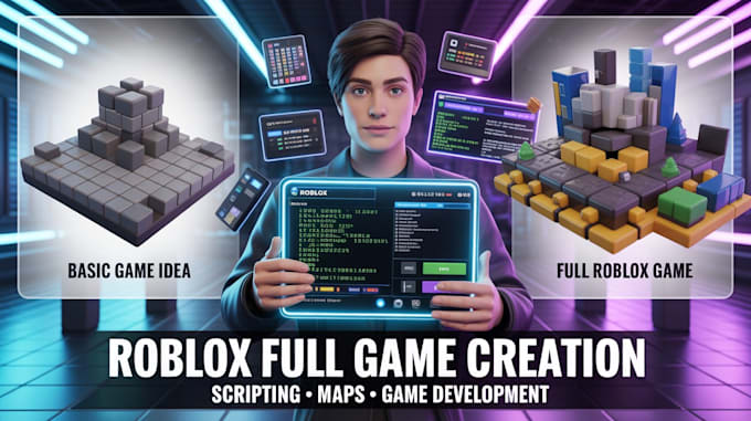 build roblox full game creation, scripting, map building and tycoon or obby game