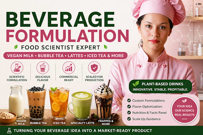 develop and formulate plant based beverages, bubble tea and latte recipes