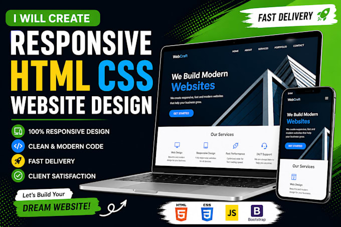 create responsive HTML CSS website design for your business