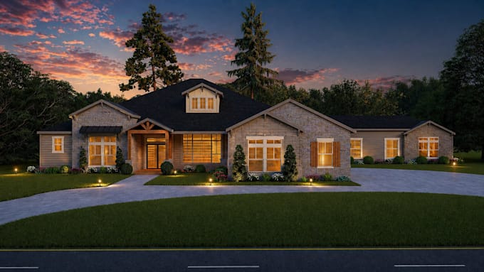 design and render 3d house exterior with modern facade elevation