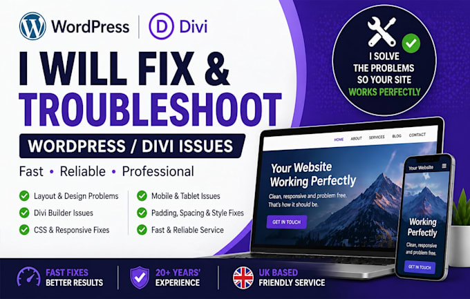 fix any wordpress divi 4 or 5 layout, CSS or mobile issue