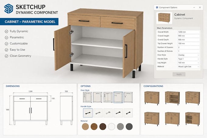 create sketchup dynamic component, cabinet, furniture, parametric model