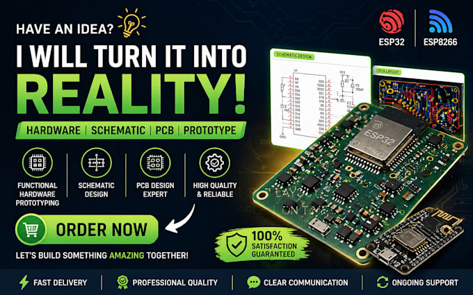deliver functional hardware prototyping, schematic, pcb design, esp32, esp8266