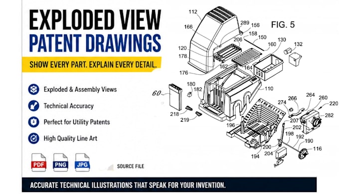 create exploded technical patent drawings to show parts and function