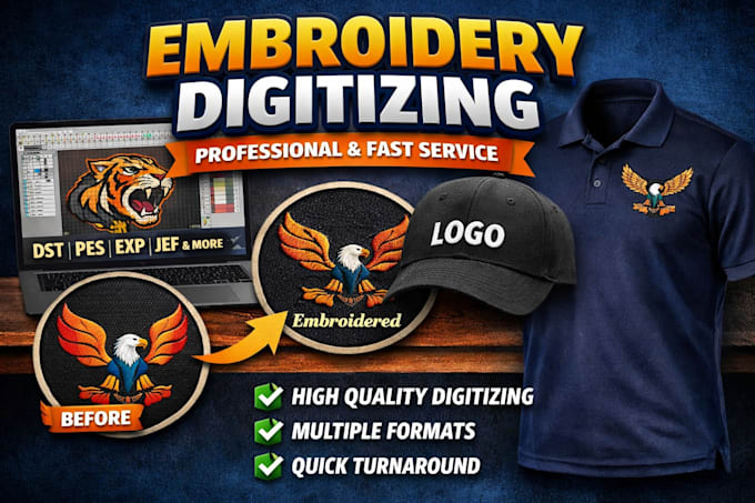 convert logo into embroidery digitizing file dst pes jef emb in 1 hour, patch