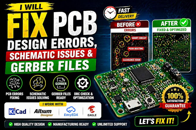 fix pcb design errors, schematic issue and gerber error, pcb layout and circiut