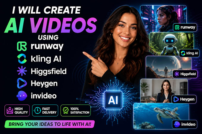 create ai videos using runway, kling ai, higgsfield, heygen and invideo