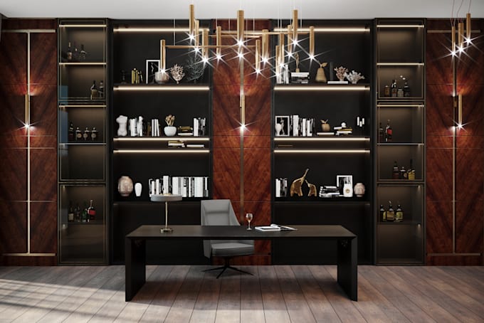 design a stylish home office interior with realistic 3d renderings