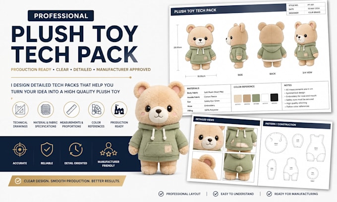 create plush toy tech pack and production ready design