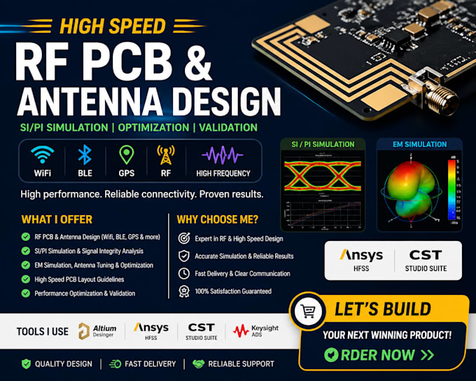 Diseño de antena rf pcb, simulación si pi para wifi, ble, gps hfss, cst