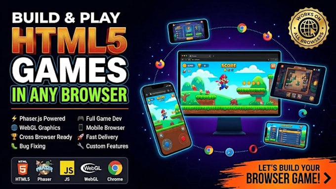 develop a professional HTML5 browser game using phaser, javascript and webgl